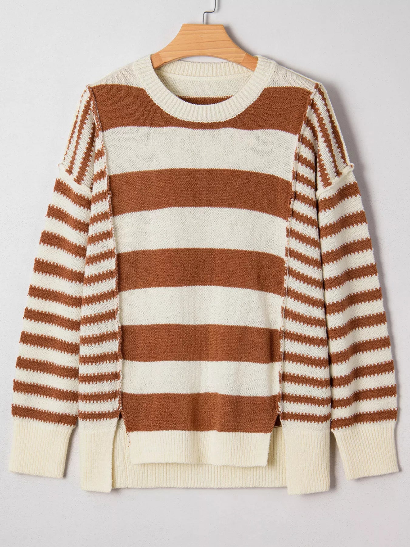 Brown and cream striped drop shoulder baggy wool sweater with ribbed cuffs