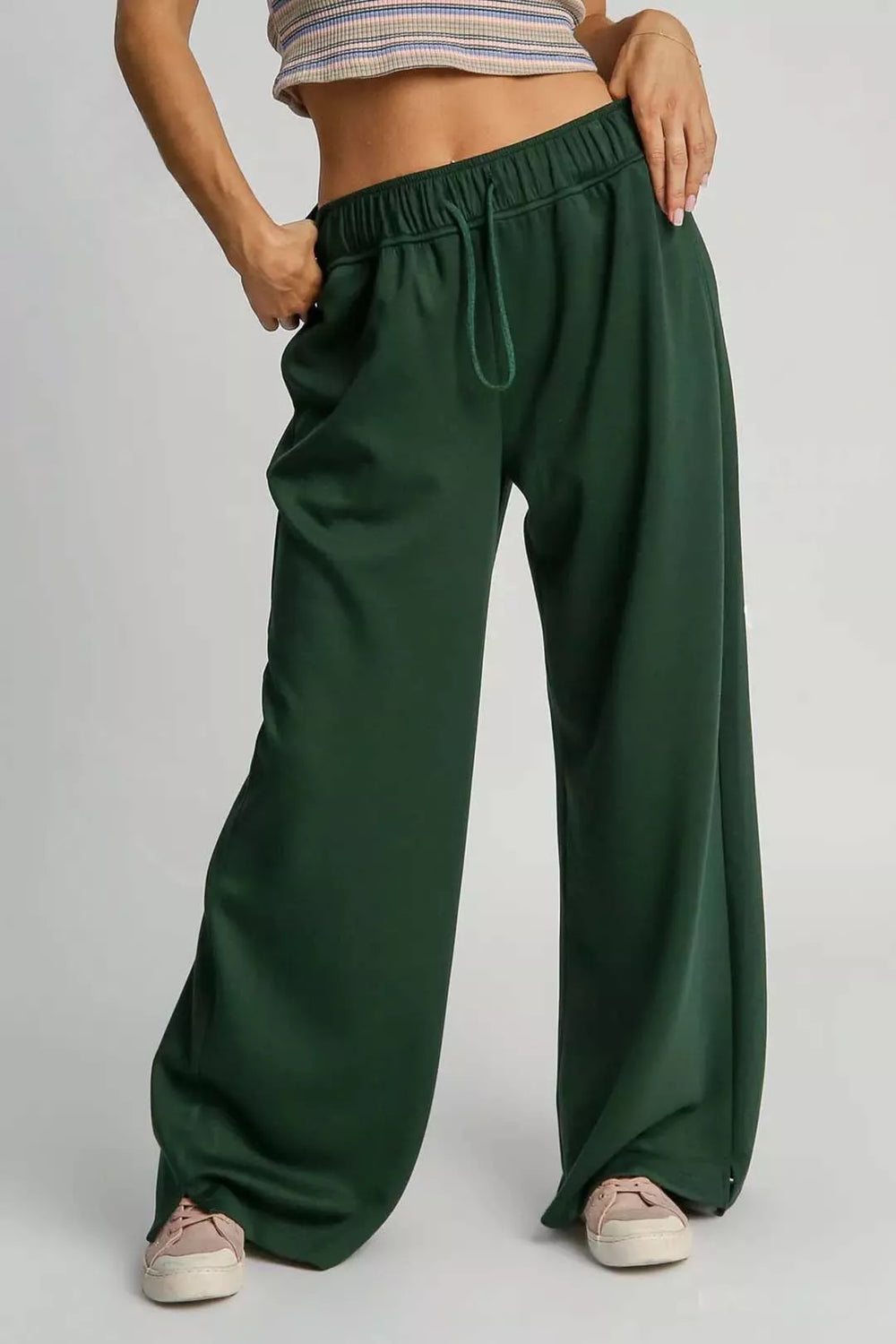 EVERGREEN Umgee Elastic Drawstring Waistband Wide Leg Pants | Loungewear Pants Daverri Fashions