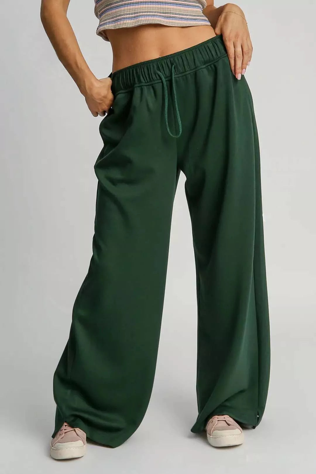 EVERGREEN Umgee Elastic Drawstring Waistband Wide Leg Pants | Loungewear Pants Daverri Fashions
