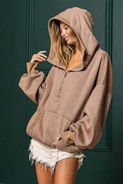 BiBi Stitch Detailed Elastic Hem Half Zip Fleece Hoodie Mocha | Hoodies Daverri Fashions