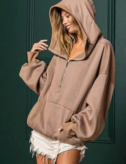 BiBi Stitch Detailed Elastic Hem Half Zip Fleece Hoodie Mocha | Hoodies Daverri Fashions
