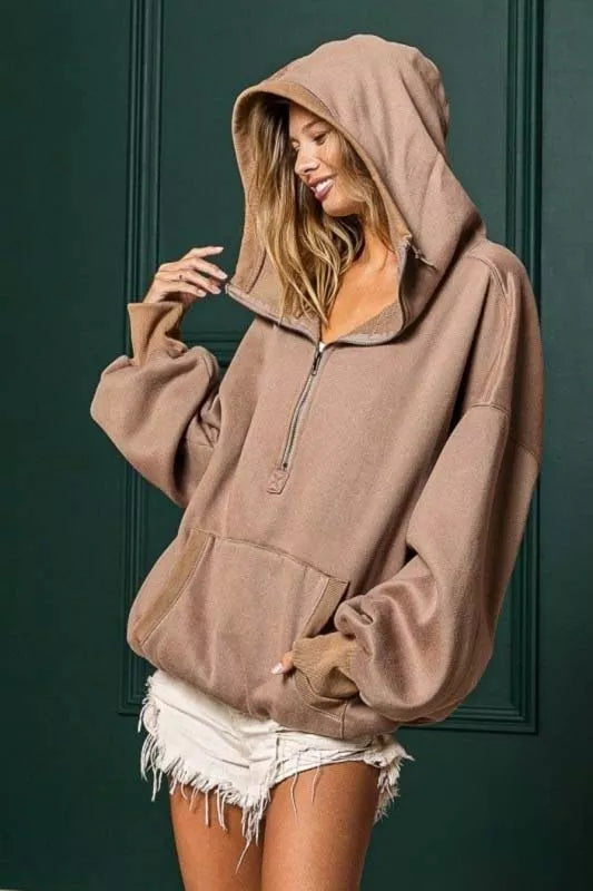 BiBi Stitch Detailed Elastic Hem Half Zip Fleece Hoodie Mocha | Hoodies Daverri Fashions