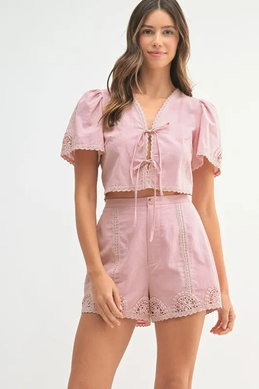 MABLE Crochet Lace Detail Crop Top and Shorts Set Lt Mauve
