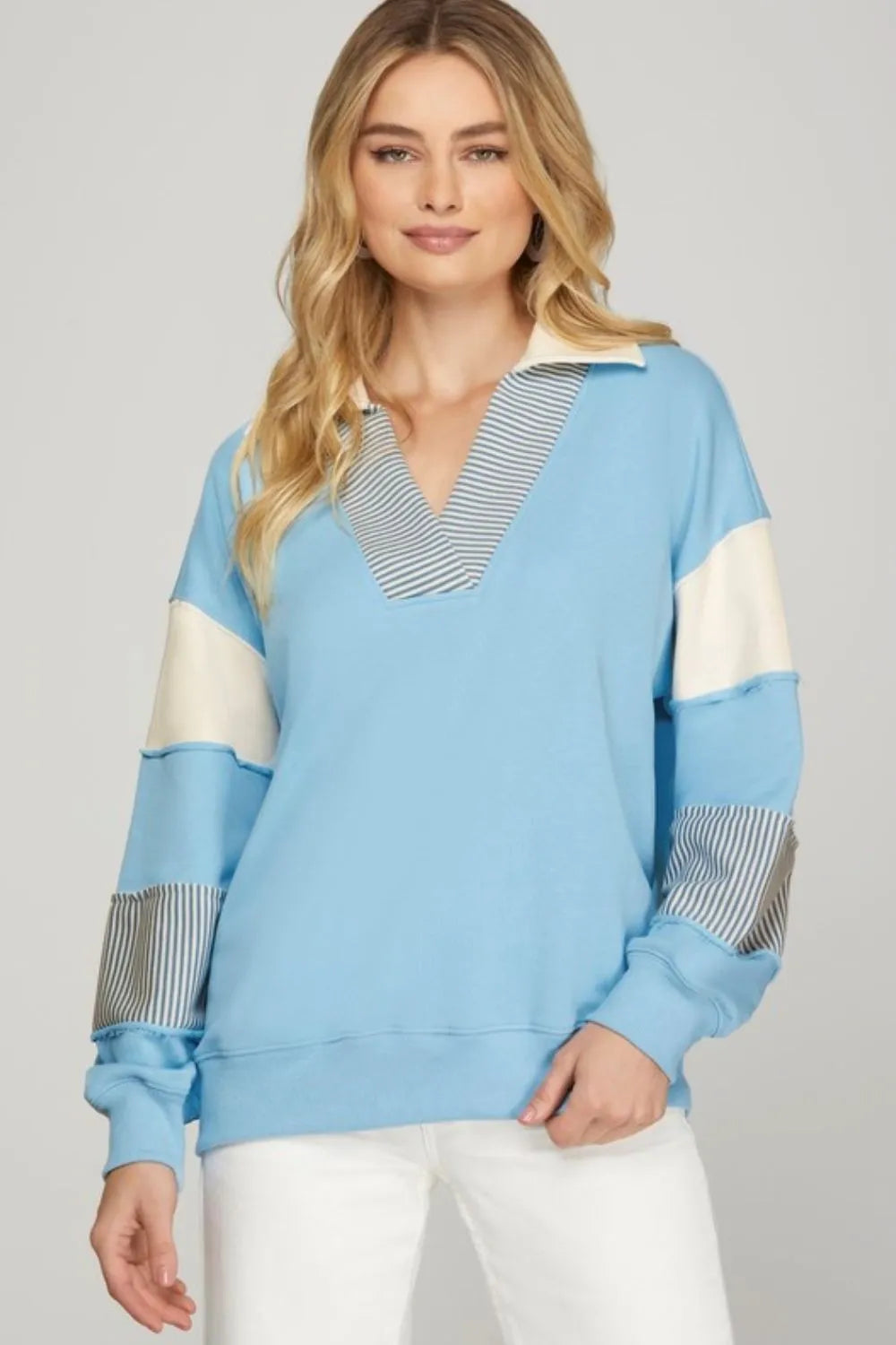 She + Sky Full Size Color Block Sleeve Johnny Collar French Terry Sweatshirt Plus Size Light Blue Sweatshirts