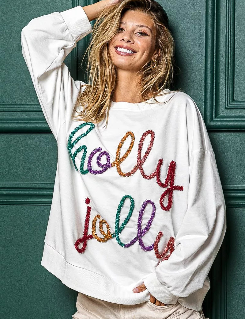 BiBi Holly Jolly Christmas French Terry Sweatshirt | Sweatshirts Daverri Fashions