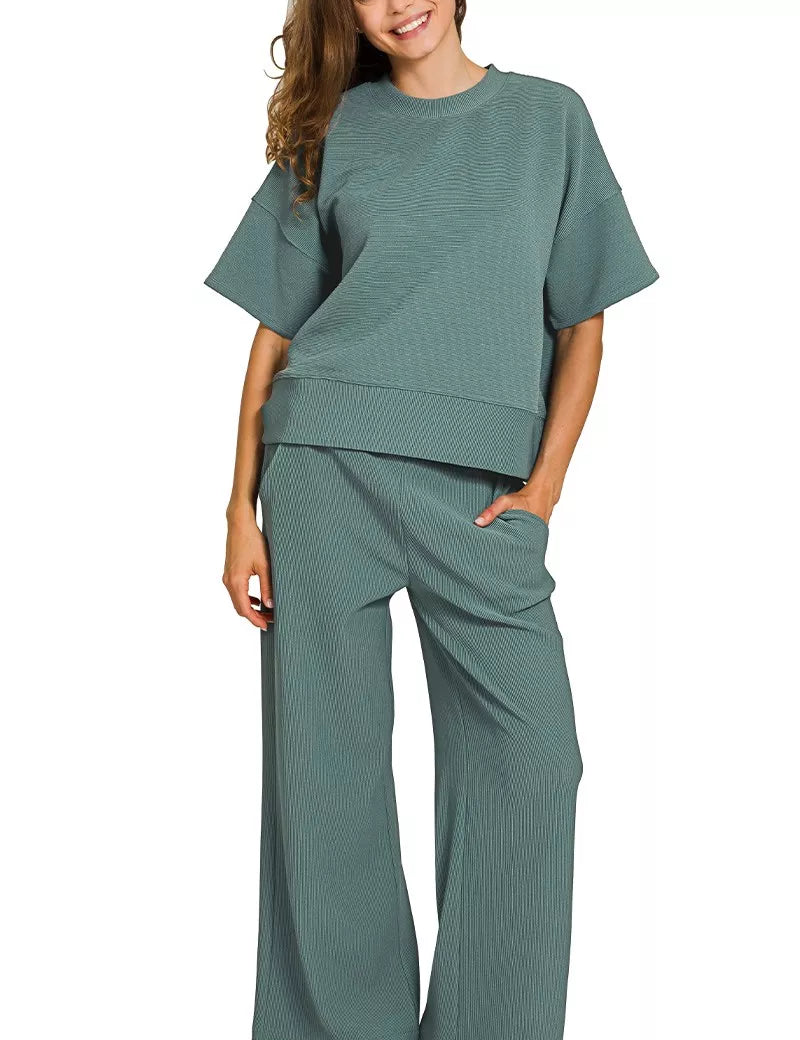 ASH JADE S Zenana Ribbed Round Neck Tee & Pants Set | Daverri Fashions