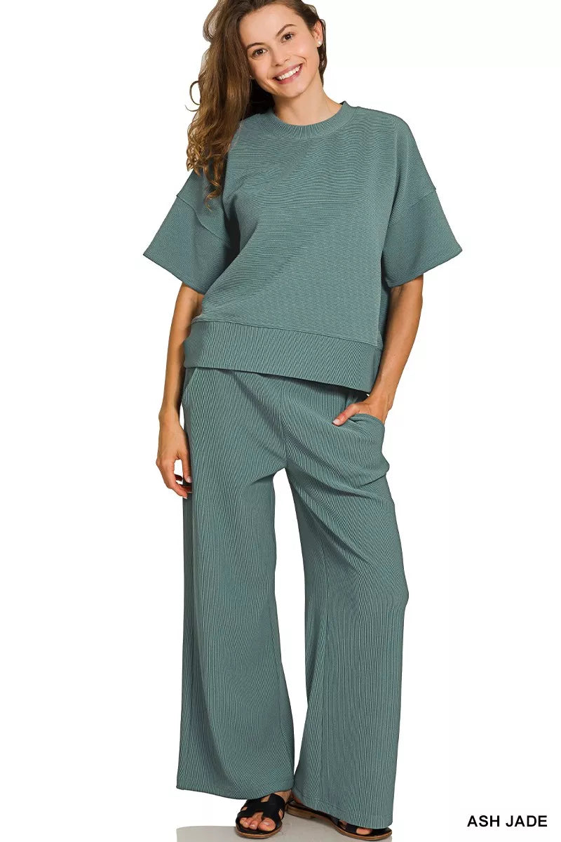 ASH JADE S Zenana Ribbed Round Neck Tee & Pants Set | Daverri Fashions