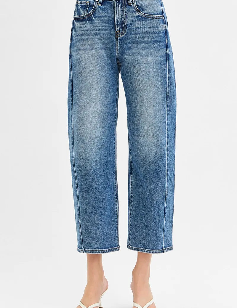 RISEN High Rise Crop Length Barrel Adjustable Waist Band Jeans | Daverri Fashions
