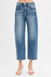 RISEN High Rise Crop Length Barrel Adjustable Waist Band Jeans | Daverri Fashions