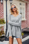 Slit V-Neck Dropped Shoulder Sweater - DAVERRI FASHIONS