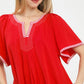 Red embroidered boho Umgee linen trim tunic dress with striped accents
