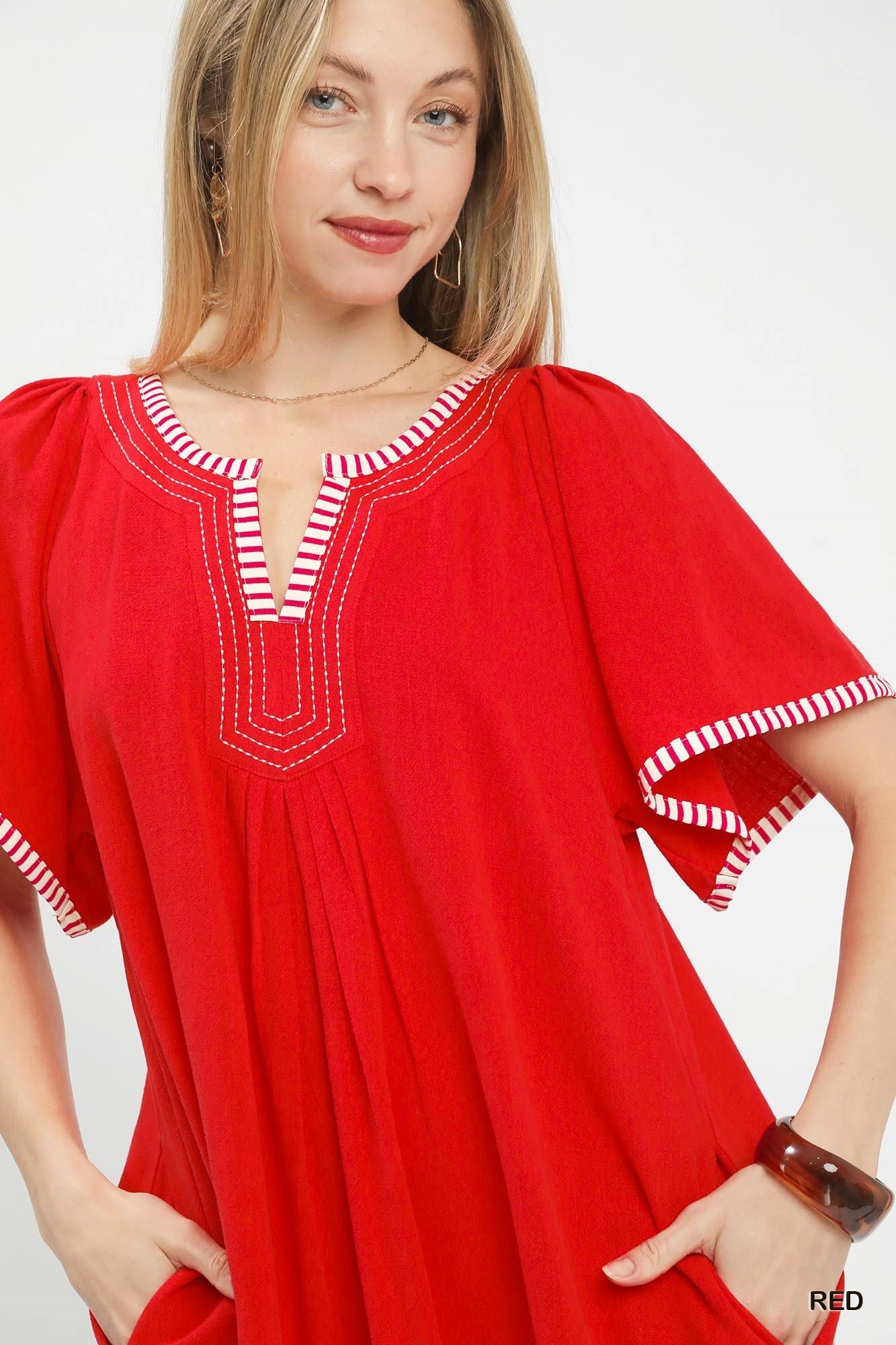 Red embroidered boho Umgee linen trim tunic dress with striped accents
