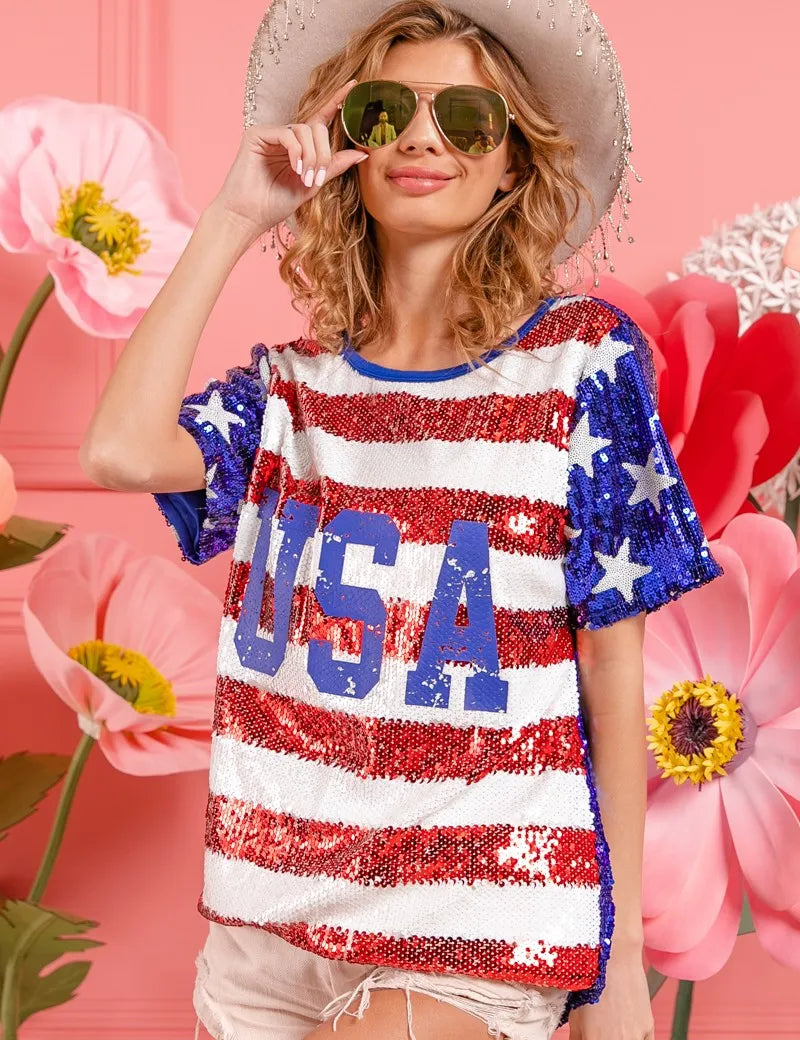 BiBi American Flag Theme USA Lettering Sequin Top | Tops Daverri Fashions