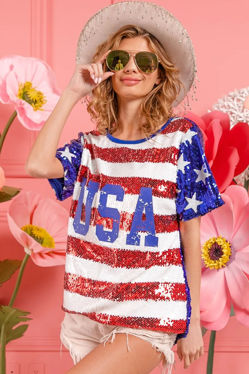 BiBi American Flag Theme USA Lettering Sequin Top Tops