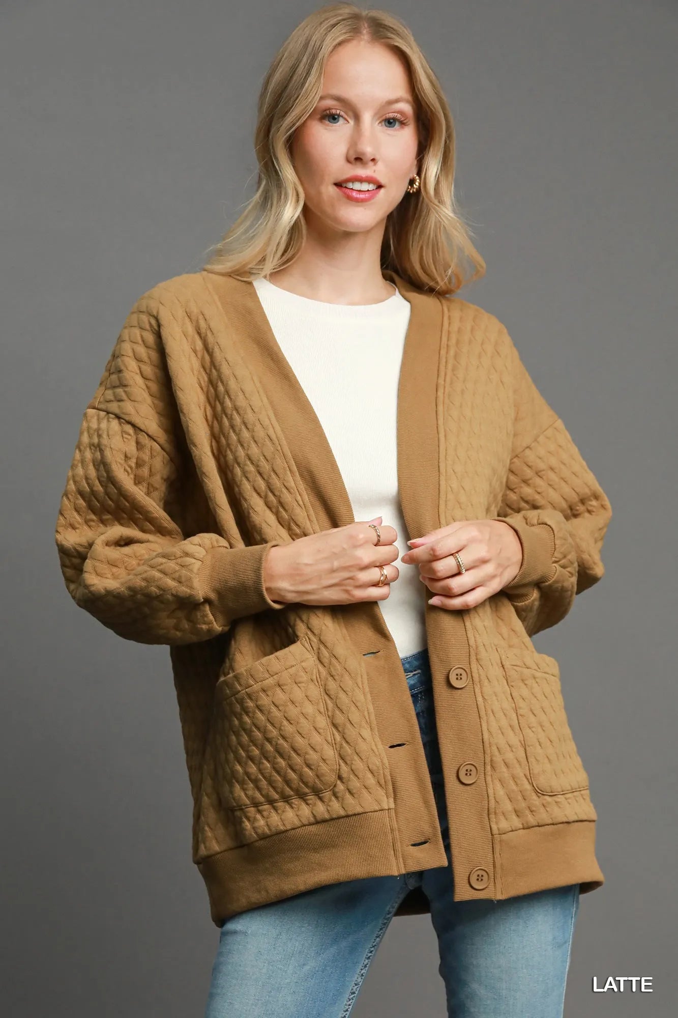 Umgee Button-Up Jacquard Cardigan LATTE