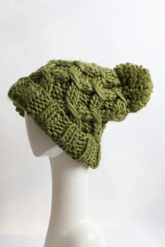 Oversized Chunky Knit Pom Beanie - DAVERRI FASHIONS