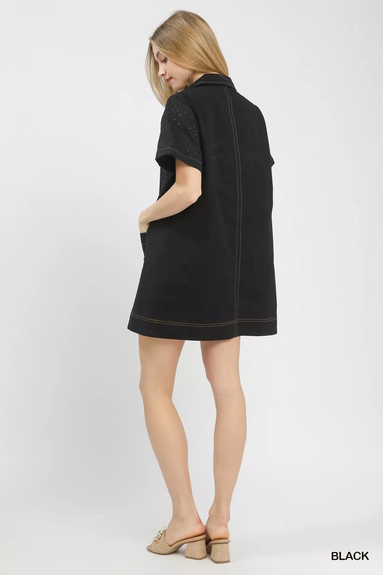 Black Umgee eyelet short sleeve shift dress with pockets