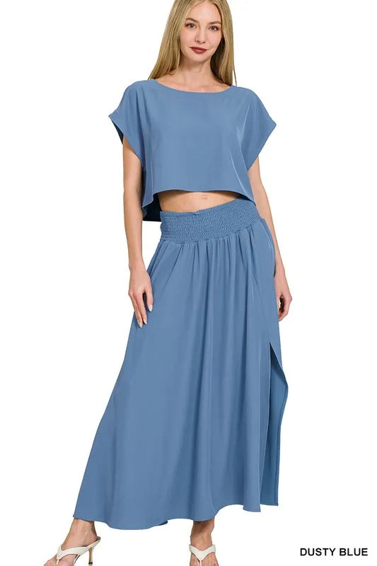 Zenana Woven Crinkle Gauze Crop Tee and Skirt Set DUSTY BLUE Outfit Sets