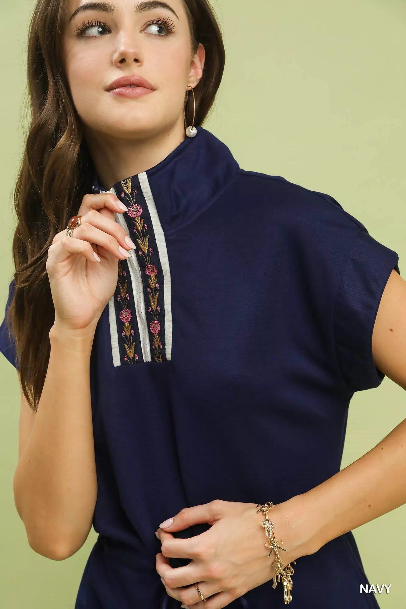 Navy blue short-sleeved Umgee Dolman Sleeve Zip Detail Dress with high collar and floral embroidery