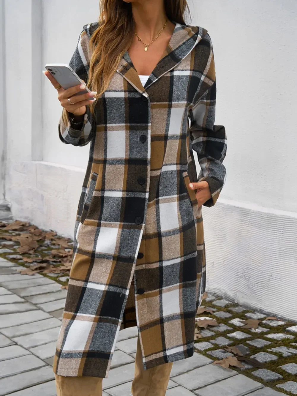 Devine Plaid Long Sleeve Hooded Coat - DAVERRI FASHIONS