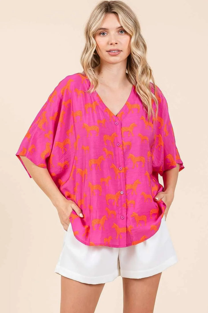 Mittoshop Zebra Print V-Neck Button Down Dolman Sleeve Top Tops