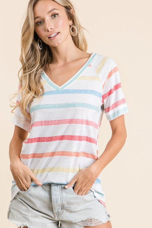 BiBi Striped V-Neck Short Sleeve T-Shirt T-Shirts