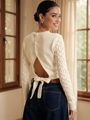 Cream Cutout Bow Back Texture Round Neck Sweater | Sweaters Daverri Fashions