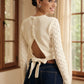 Cutout Bow Back Texture Round Neck Sweater - DAVERRI FASHIONS