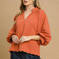 Umgee Textured Notched Balloon Sleeve Blouse with Scalloped Hem - DAVERRI FASHIONS