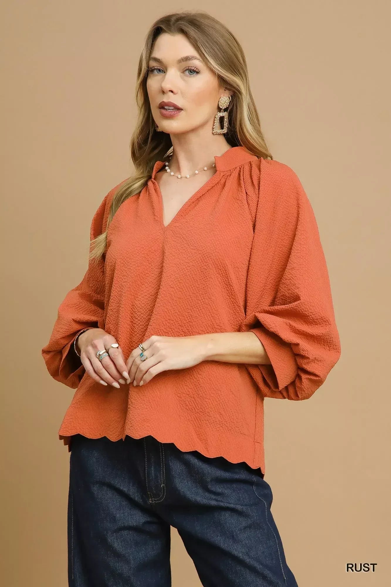 Umgee Textured Notched Balloon Sleeve Blouse with Scalloped Hem - DAVERRI FASHIONS