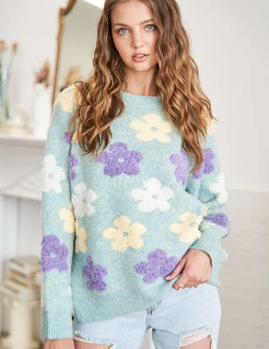SAGE ADORA Floral Popped 2-Tone Sweater Top | Sweaters Daverri Fashions