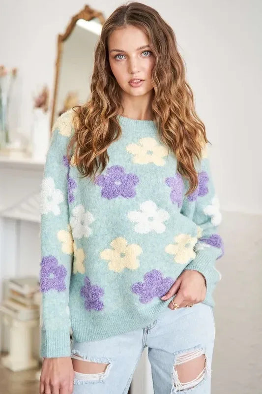 ADORA Floral Popped 2-Tone Sweater Top - DAVERRI FASHIONS