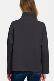 Zenana Turtleneck Half Snap Fleece Sweatshirt Black | Sweatshirts Daverri Fashions