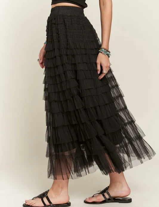 ADORA Elastic Waist Layered Mesh Midi Skirt | Skirts Daverri Fashions