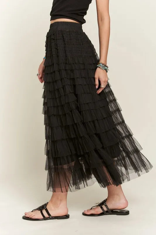 ADORA Elastic Waist Layered Mesh Midi Skirt | Skirts Daverri Fashions