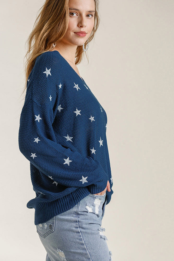 Umgee Full Size Star V-Neck Long Sleeve Sweater Sweaters