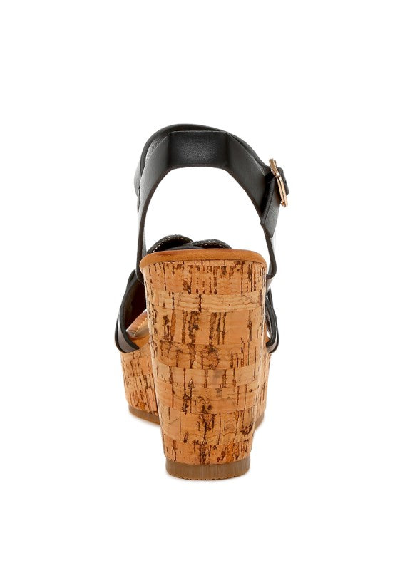 Emelda Cushion Chain Pin Buckle black leather strap wedge sandals