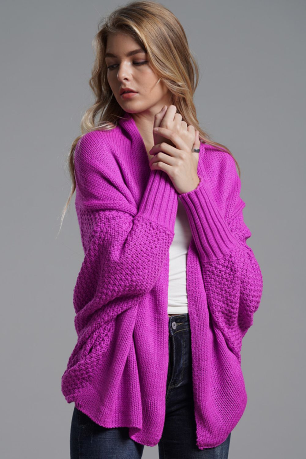 Dolman Sleeve Open Front Ribbed Trim Longline Cardigan | Cardigans Daverri Fashions