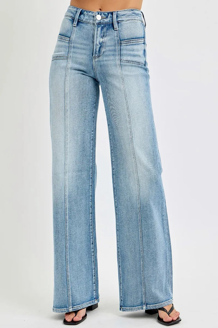 RISEN Full Size Mid Rise Wide Jeans with Front Patch Pockets MEDIUM Jeans
