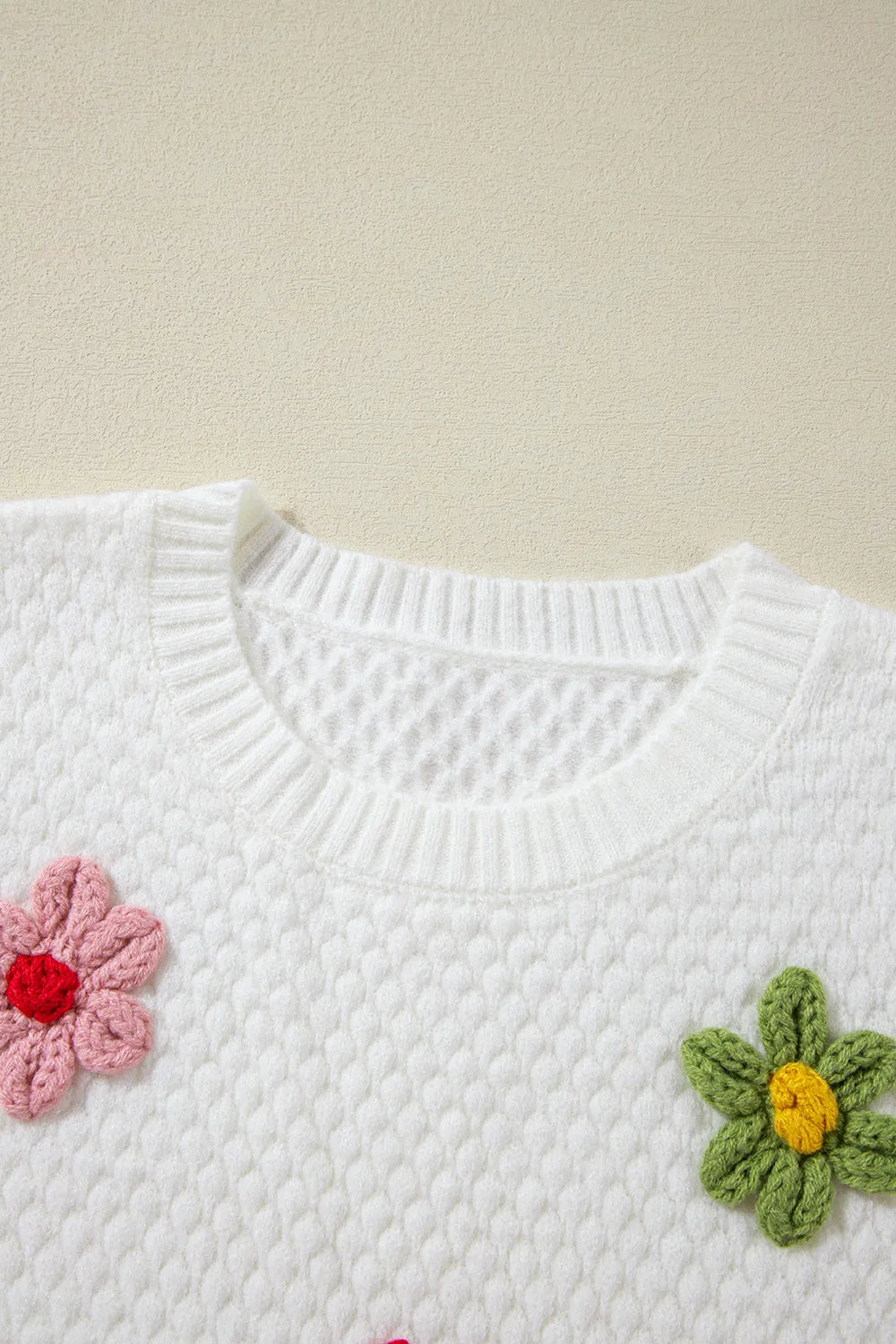 Crochet Flower Round Neck Long Sleeve Sweater | Sweaters Daverri Fashions