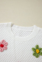 Crochet Flower Round Neck Long Sleeve Sweater | Sweaters Daverri Fashions