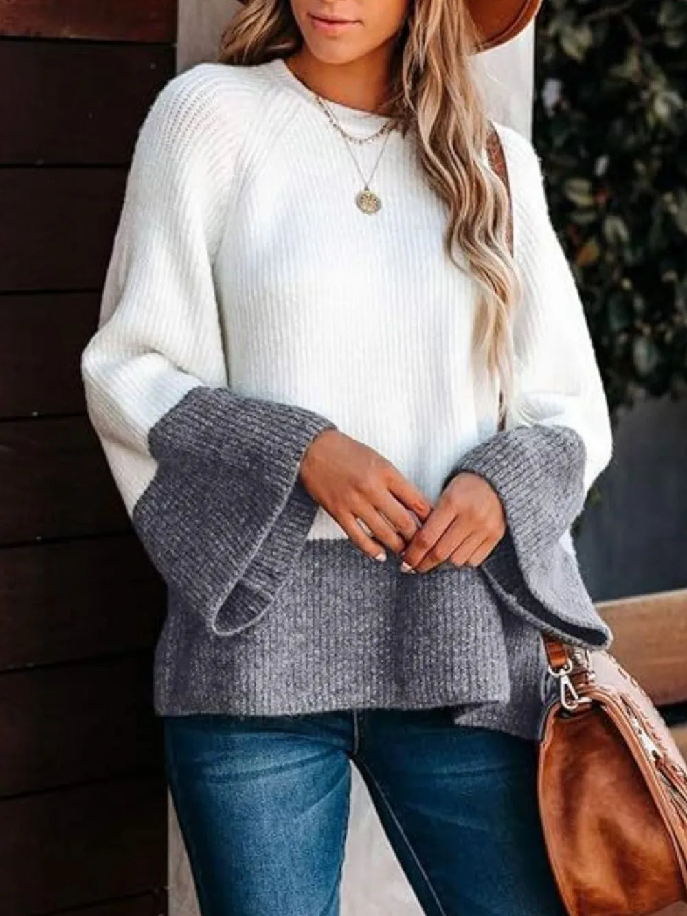 White Contrast Round Neck Long Sleeve Sweater | Sweaters Daverri Fashions