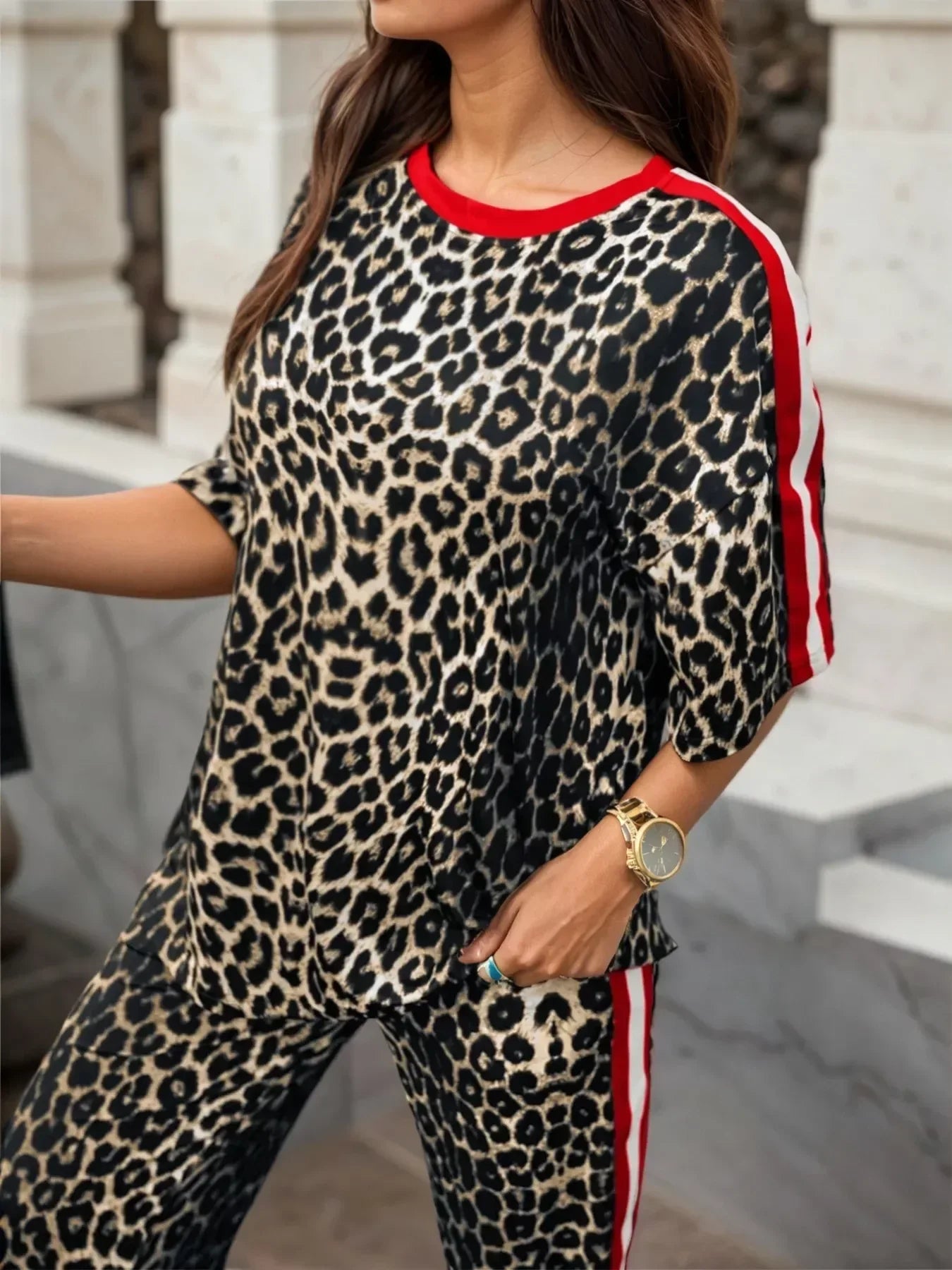 Leopard Round Neck Top and Pants Two-Piece Set - DAVERRI FASHIONS