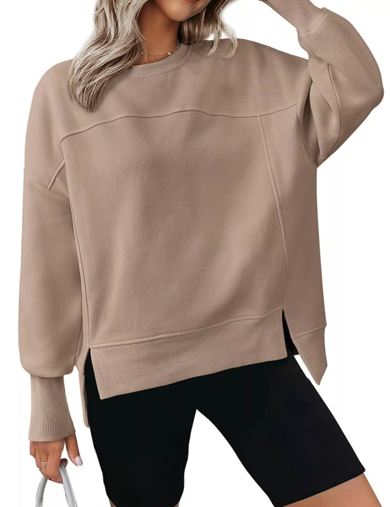 Khaki Slit Round Neck Dropped Shoulder Sweatshirt | Sweatshirts Daverri Fashions