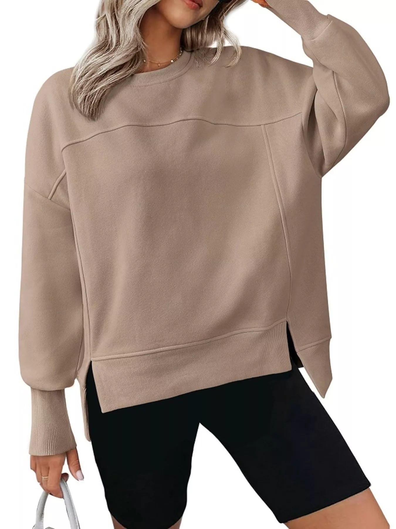 Khaki Slit Round Neck Dropped Shoulder Sweatshirt | Sweatshirts Daverri Fashions