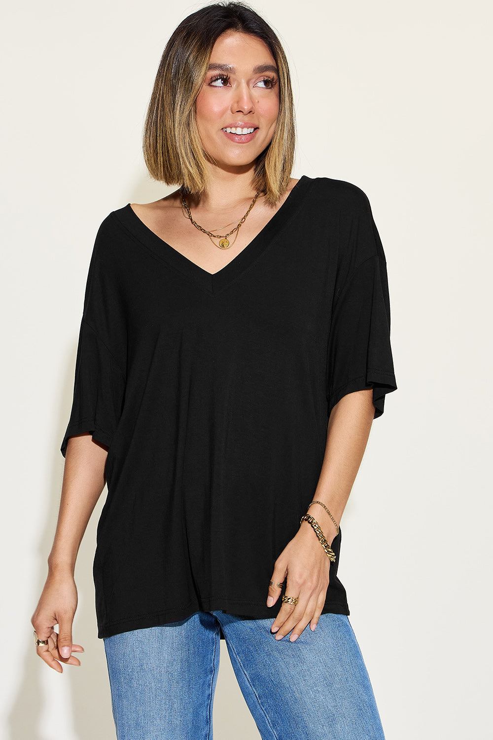 Bamboo V-Neck Drop Shoulder T-Shirt Black Tops