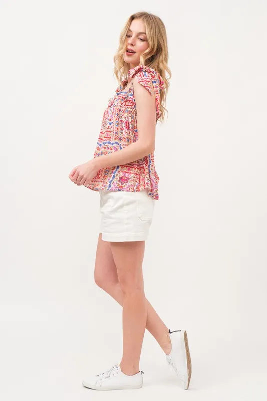 And The Why Ruffled Neck Tied Strap Boho Printed Swing Top Tops