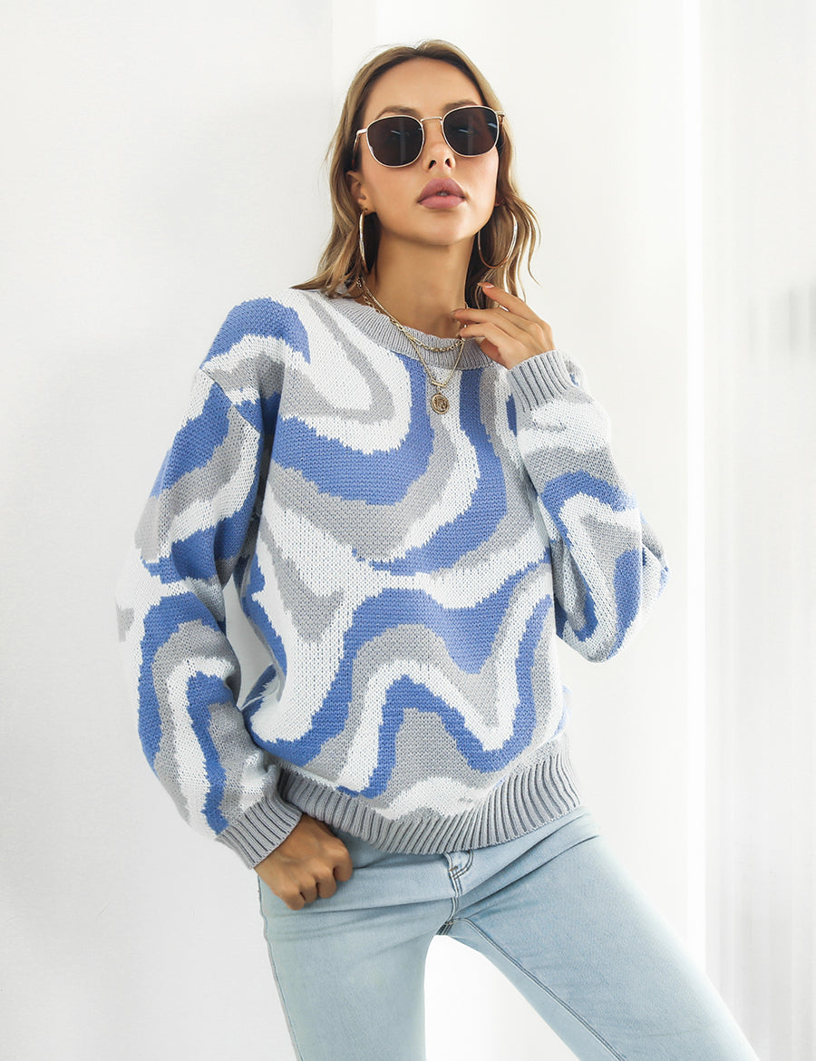 Dusty Blue Round Neck Dropped Shoulder Sweater | Sweaters Daverri Fashions