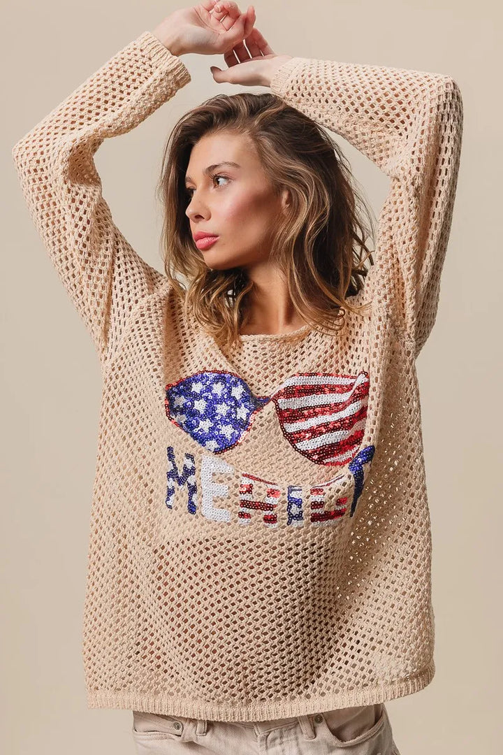 BiBi Sequin American Flag Sunglasses Knit Top Tops