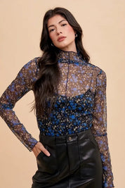 Annie Wear Floral Lettuce Hem Sheer Mesh Top | Tops Daverri Fashions